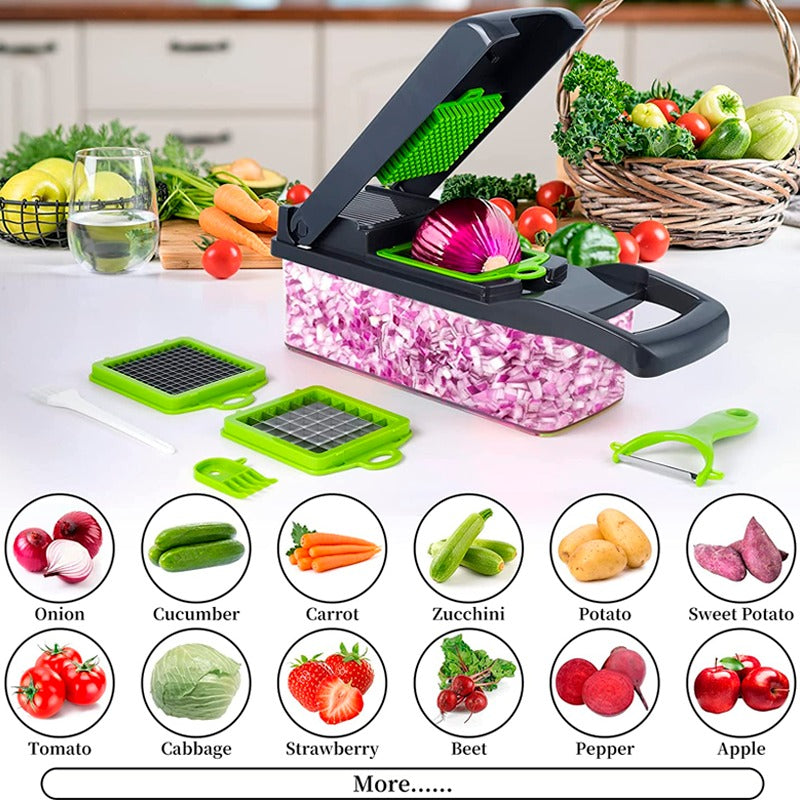 Vegetable Chopper - Adjustable Vegetable Slicer - 15 in 1 Kitchen Gadget, Onion Dicer, Mandolin Slicer with 8 Interchangeable Blades & Container for Potatoes, Carrots, Garlic - Grey