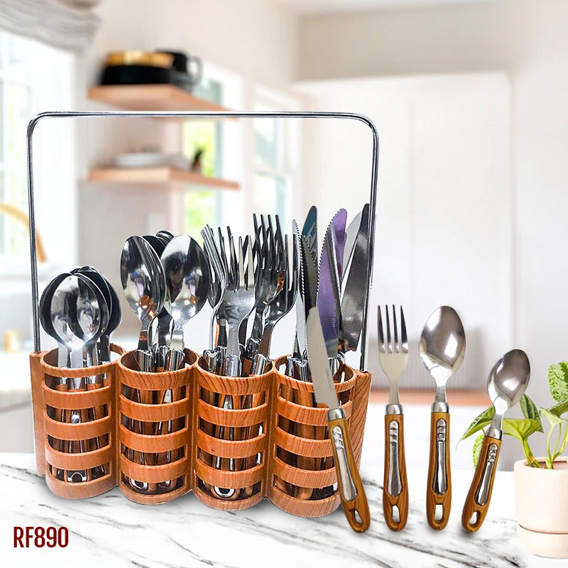 24-Piece Cutlery Set with Stand - Stainless Steel Silverware with Wooden Handle for Home, Restaurant, and Wedding Parties (Service for 6)