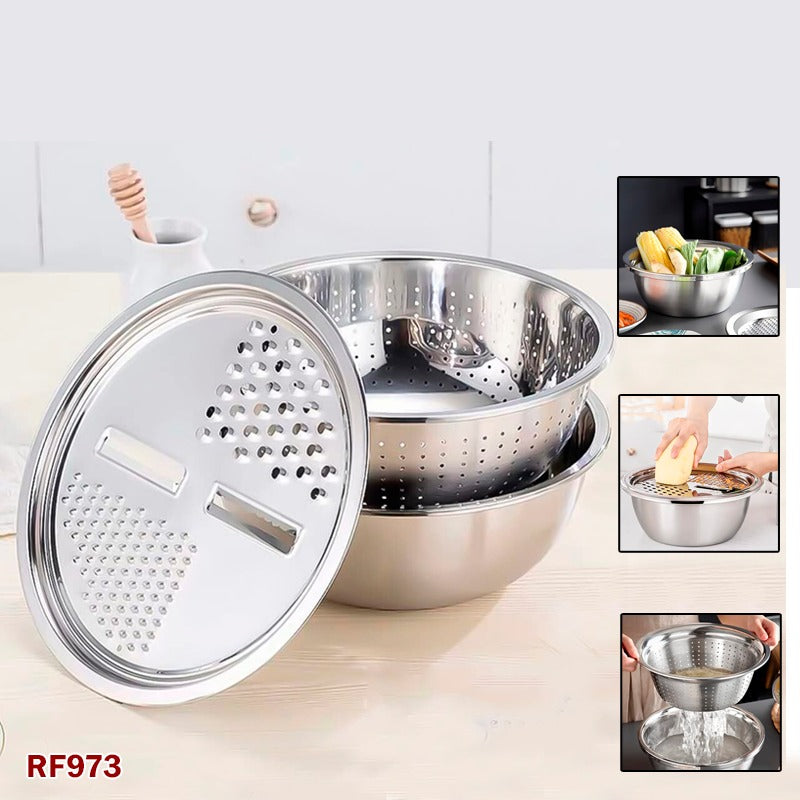 3-in-1 Kitchen Rice Washing Bowl & Vegetable Mandoline Slicer - Multi-Purpose Stainless Steel Drain Basket Tool