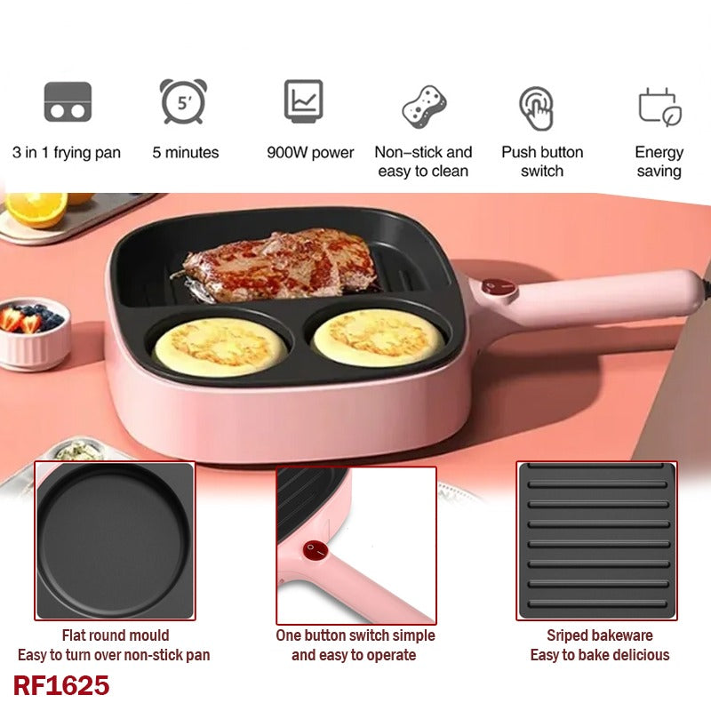 3-in-1 Breakfast Machine, Electric Frying Pan for Fried Eggs, Hamburgers & Bacon, Small Frying Pan, 900W Non-stick Pan, Suitable for Home Use – Does Not Include Ingredients