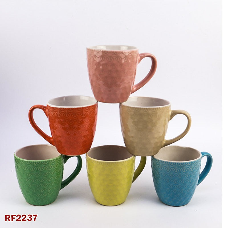 12 OZ Ceramic Coffee Mug Set of 6 ā Multicolor Patterned Microwavable Porcelain Mugs, Stylish Embossed Coffee Cups for Coffee, Tea, Milk, and Water
