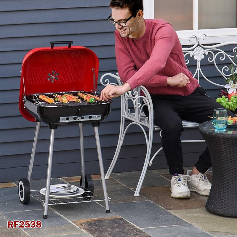 Charcoal BBQ with Wheels & Shelf - Outdoor Smoker for Garden & Camping