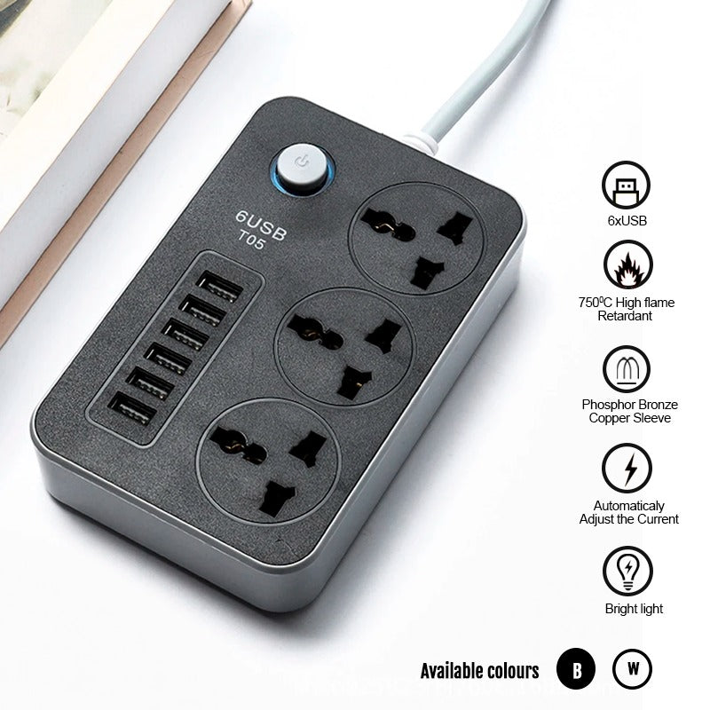 3-Way Power Socket Extension with 6 USB Ports - 3M Long Power Strip for Home and Office