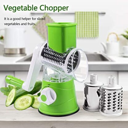 Manual Rotary Vegetable Slicer Cutter and Cheese Grater - 3 Blades Round Drum with Stainless Steel Blades