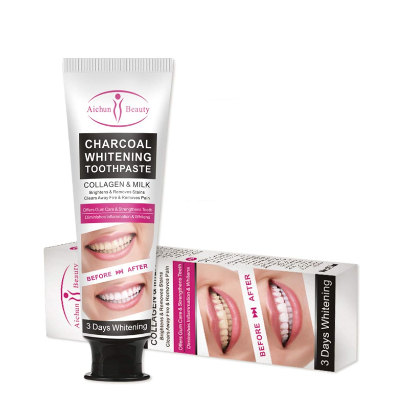 AICHUN BEAUTY Charcoal 3-Day Whitening Toothpaste – Collagen, Stain Remover, Yellow Teeth Solution – 100ml